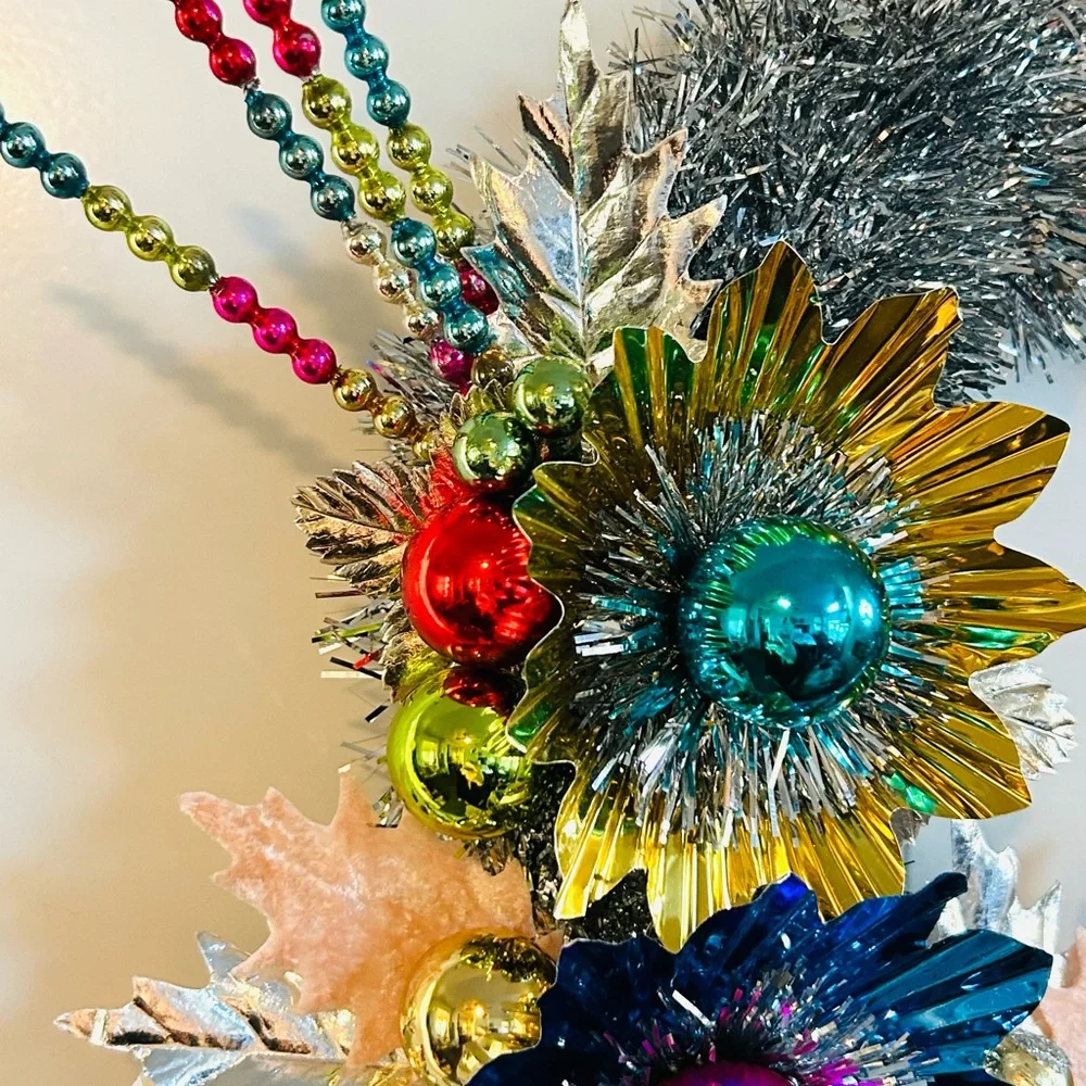 Vintage Repurposed Festive Silver Tinsel and Multicolor Holiday Wreath - Picture 5 of 7